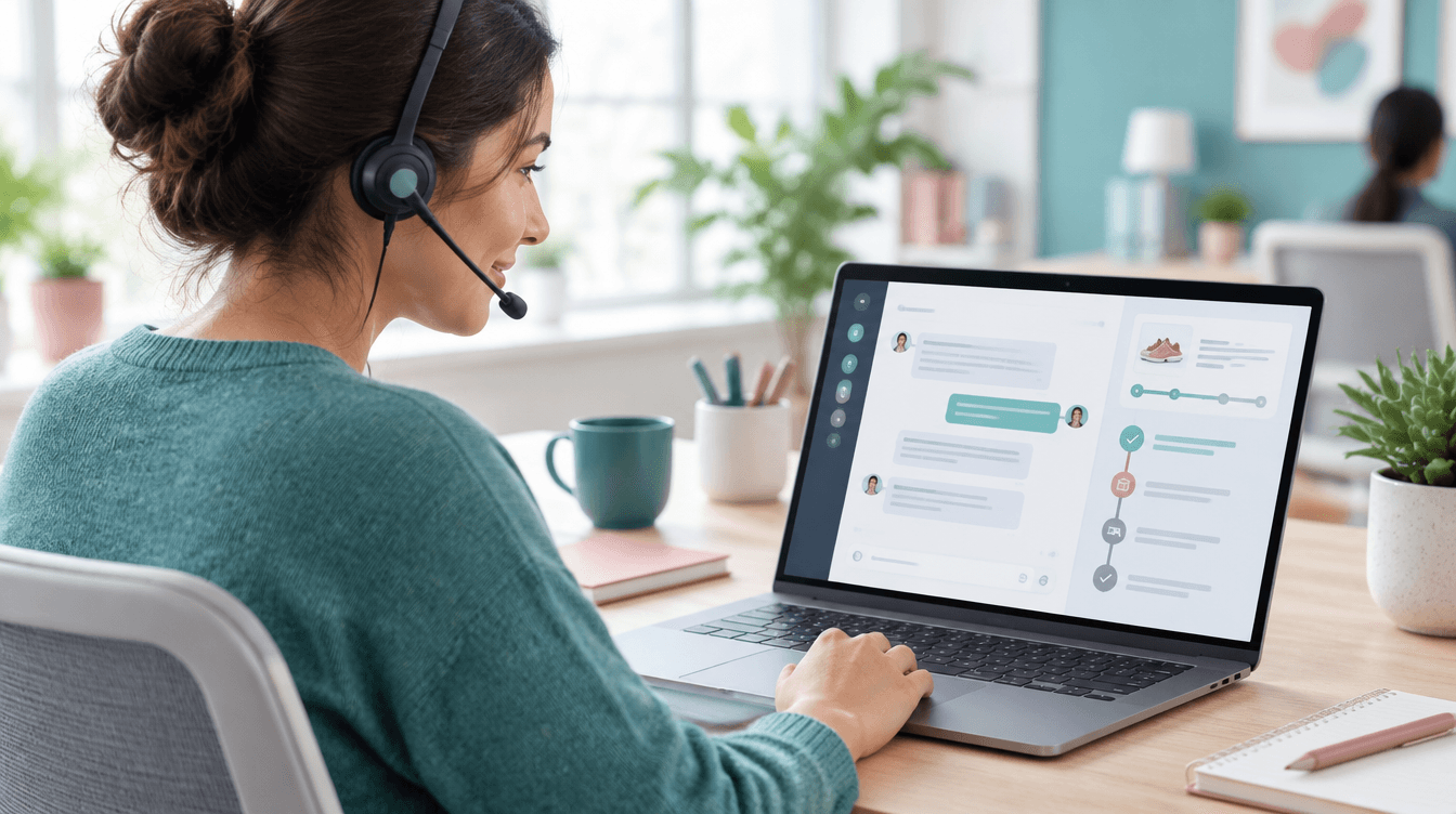 Ecommerce customer support agent wearing a headset at a desk, looking at a laptop that shows a helpdesk ticket conversation with a sidebar panel displaying an order return status card and a short timeline